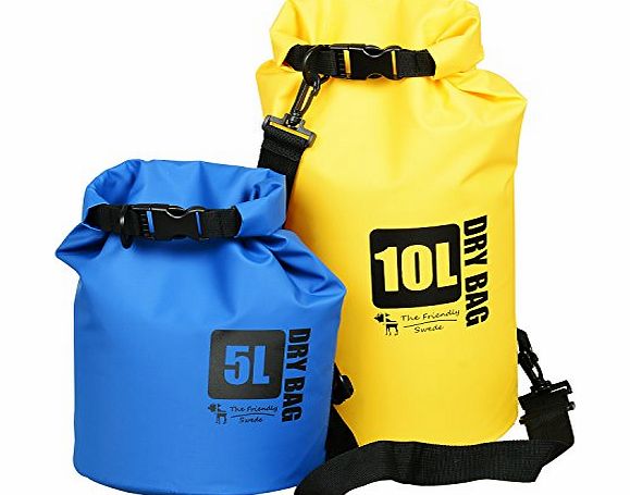 The Friendly Swede [2 PACK] Premium Dry Bags - two 500D PVC Tarp waterproof dry bags (170 Oz and 340 Oz) for outdoor activities and watersports - Lifetime Warranty (Yellow   Blue)